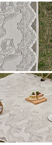 Detail of tulip lace picnic mat with scalloped edges on green grass for outdoor camping