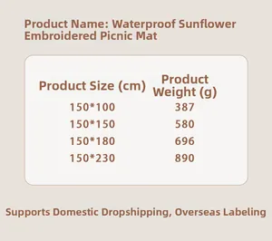 Size chart for waterproof sunflower embroidered picnic mats showing dimensions and weights