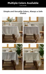 Detail showing four solid color linen tablecloths with white tassel edges in various hues