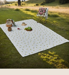 Close-up of waterproof picnic mat with yellow floral patterns on a green grass field
