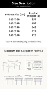 Size chart for bamboo pattern linen tablecloth with dimensions and overhang guide