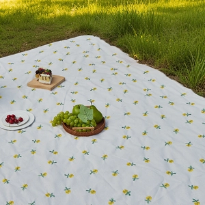 Waterproof floral picnic mat with tassels on green grass for outdoor camping
