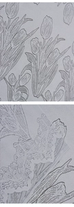 Detail of embroidered tulip pattern on lace mesh fabric with invisible zipper closure