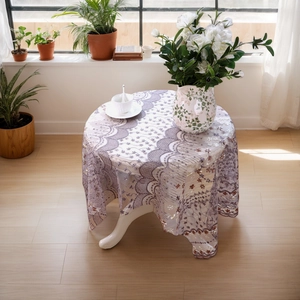 Élégante Nappe En Dentelle Violette Broderie Florale Bord Festonné À Jour Vintage Français Filet Couverture