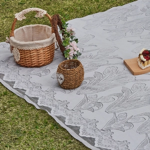 Modern minimalist white lace picnic mat with tulip jacquard and elegant scalloped edges