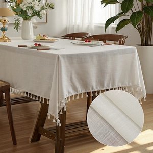 Nappe Style Japonais Couleur Unie Aspect Lin Avec Glands Rectangulaire Anti-poussière Résistante À La Chaleur Housse De Table Pour Maison Cuisine Décor