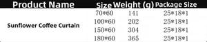 Detailed size chart for sunflower cafe curtains with various dimensions and weights