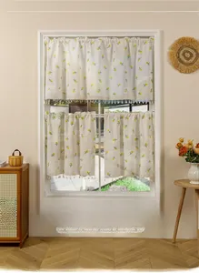 Detail of sunflower embroidery on waterproof cafe curtain with elegant white fringe