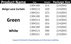 Size chart showing beige, green, and white floral lace curtain dimensions and weight