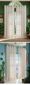 Close-up of floral lace curtains with scalloped edges and metal grommet top design