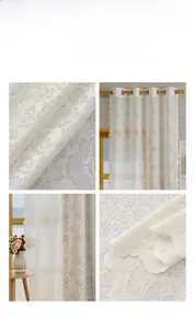 Detail of white lace sheer curtain with rose floral embroidery and metal eyelet rings