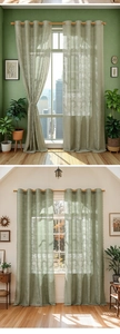Detail of Morandi green floral lace curtain with silver grommets and airy texture