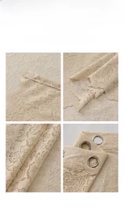 Detail of beige floral lace curtain showing metal eyelets and delicate wavy edge finish
