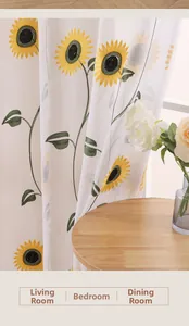 Detail of yellow sunflower embroidery on white sheer curtain for living room decor