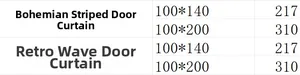 Size chart for Bohemian lace embroidered door curtains in various retro wave styles