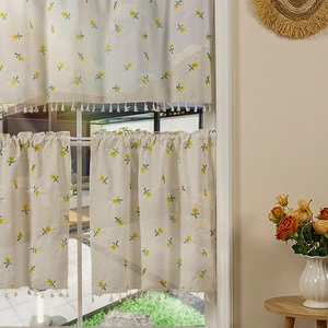 Floral embroidered cafe curtains in cream white with fringe for kitchen and bedroom windows