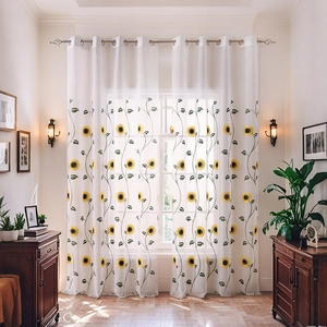 Sunflower Floral Embroidered White Sheer Curtains Grommet Top Semi Shading Polyester Tulle Window Drapes Living Room