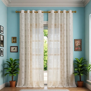 Floral Lace Curtains French Vintage Sheer Voile For Living Room Bedroom Grommet Top Breathable Scalloped Edges Drapery