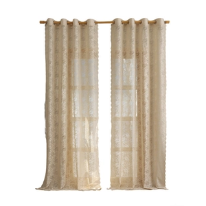 Modern beige lace sheer curtains with rose embroidery and metal grommets on a white background
