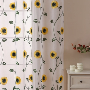 White sunflower embroidery sheer curtains for farmhouse style living room decor