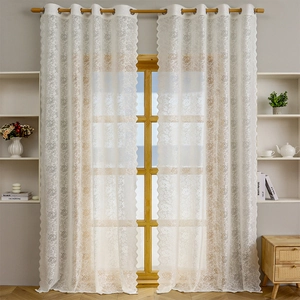 White French floral lace curtains with elegant rose embroidery and metal grommet top