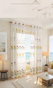 Detail of elegant white sheer curtain with yellow and purple tulip floral embroidery