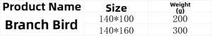 Size chart for lace door curtain with bird and branch embroidery details in two dimensions