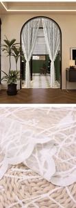 Close-up of white lace door curtain showing intricate embroidery and floral textures