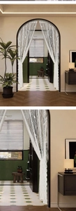 Detailed view of white lace door curtain featuring elegant bird and branch embroidery patterns