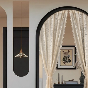 French cream lace arch curtain with crochet floral pattern and fringe trim for home decor