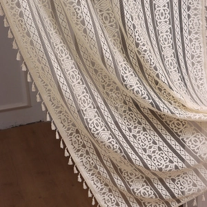 French cream retro lace curtain with geometric hollow patterns and hanging fringe tassels