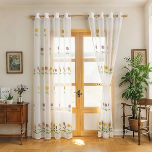 White sheer curtains with tulip embroidery for living room in modern minimalist style