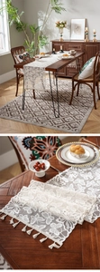 Close-up of intricate hollow floral embroidery and hanging tassels on a white lace table runner