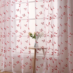 White semi-transparent sheer curtain with red leaf embroidery for bedroom decor