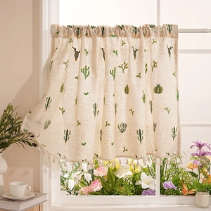 Linen cafe curtain with cactus embroidery and tassel trim for rustic home decor