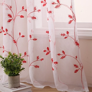 White sheer curtain with red leaf embroidery, pastoral style translucent voile drape