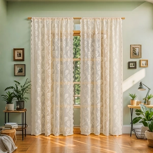 French Retro Tulip Lace Sheer Curtain Scalloped Edge Light Filtering Polyester Window Voile For Living Room Creamy White
