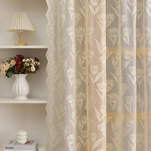 French vintage lace curtains with tulip embroidery and wavy edges for living room