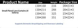 Detailed sizing chart and specifications for floral lace curtains in four color options
