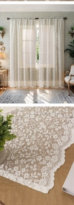 Detailed macro view of white floral lace curtains with delicate scalloped crochet edges