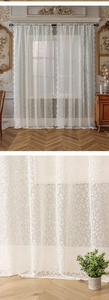 Close-up of French lace curtain featuring floral crochet patterns and scalloped edges
