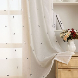 White semi-transparent sheer curtain with black cat embroidery for cozy bedroom decor