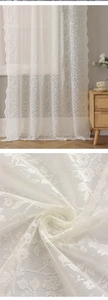 Macro detail of white floral embroidery lace with elegant scalloped edges for curtains