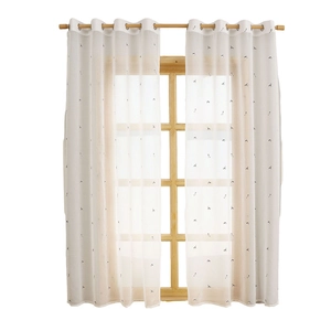 White semi-transparent sheer curtains with cat embroidery and silver grommet rings
