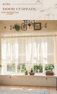 Close-up of beige linen door curtain with vertical stripes and handmade tassel details