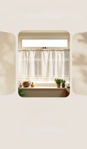 Detail of Japanese style linen cotton door curtain with elegant fringe and semi-sheer texture