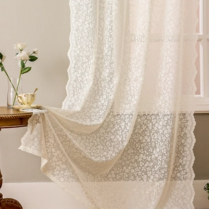 French cream style white lace curtains with floral patterns and scalloped edges for home