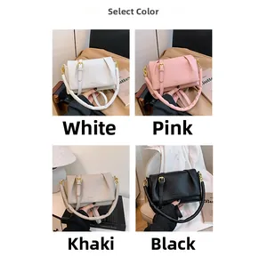 Detailed grid view of four stylish handbags in white, pink, khaki and black leather finish