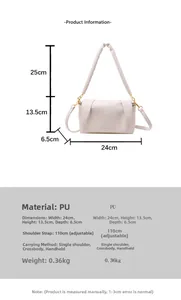 Detailed view of white lychee grain PU cloud bag with gold hardware and dimensions