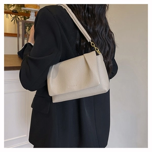 Detail of taupe pleated cloud bag with gold chain and Giorgio A embossed logo